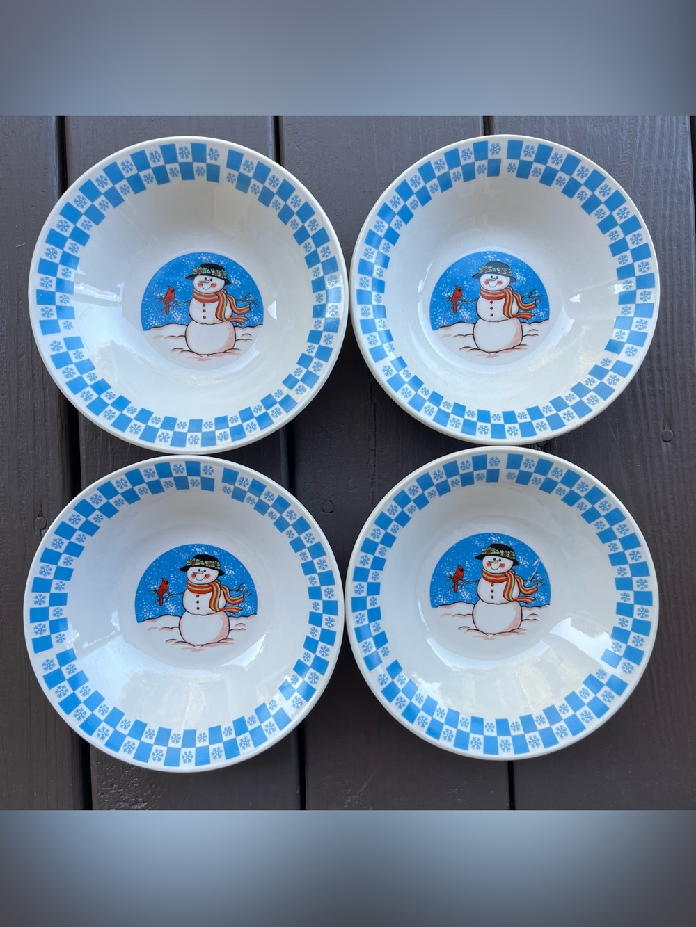 Vintage GEI Checked Snowflakes Snowman Cardinal 4 Soup Bowls Whimsy Winter